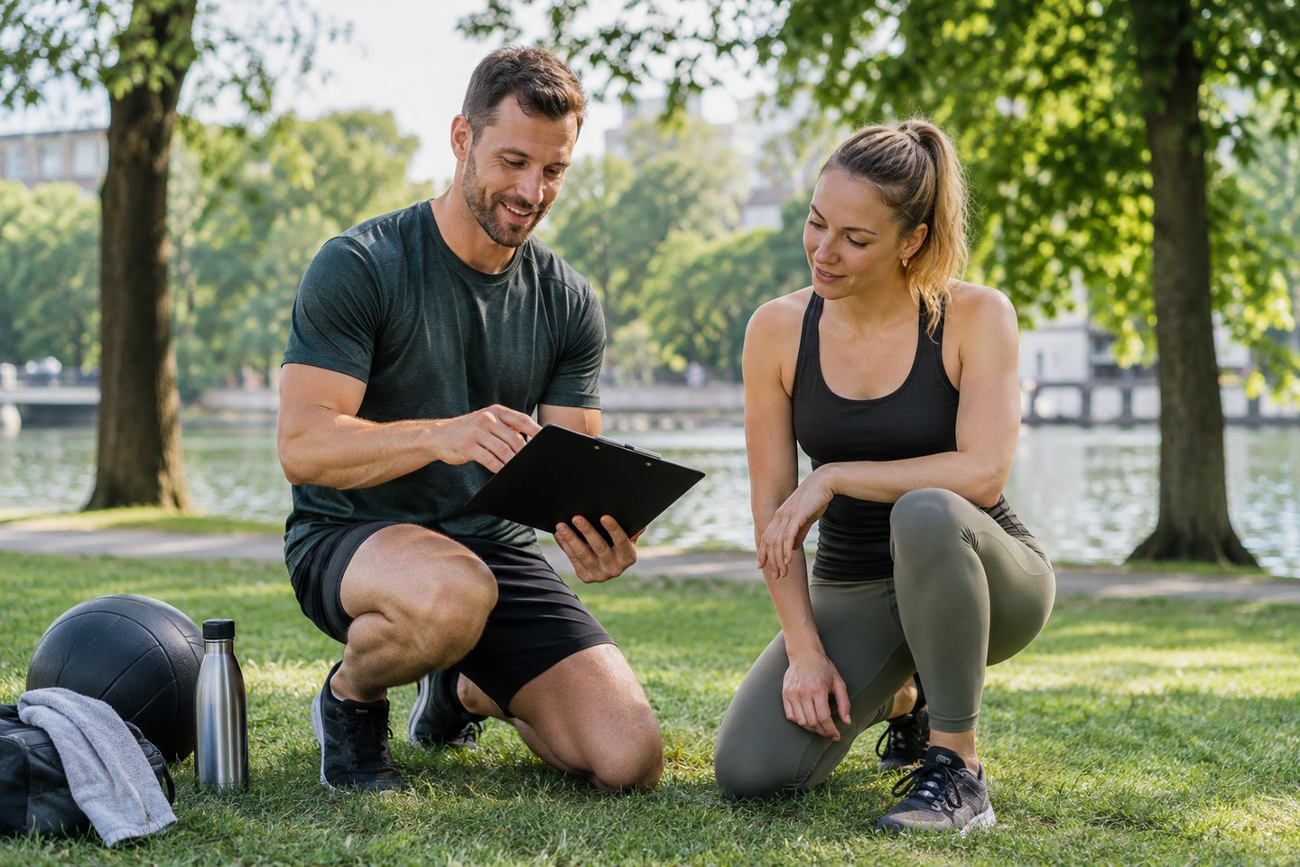 Personaltrainer bespricht mit einer Kundin das geplante Training im Park Personaltrainer bespricht mit einer Kundin das geplante Training im Park