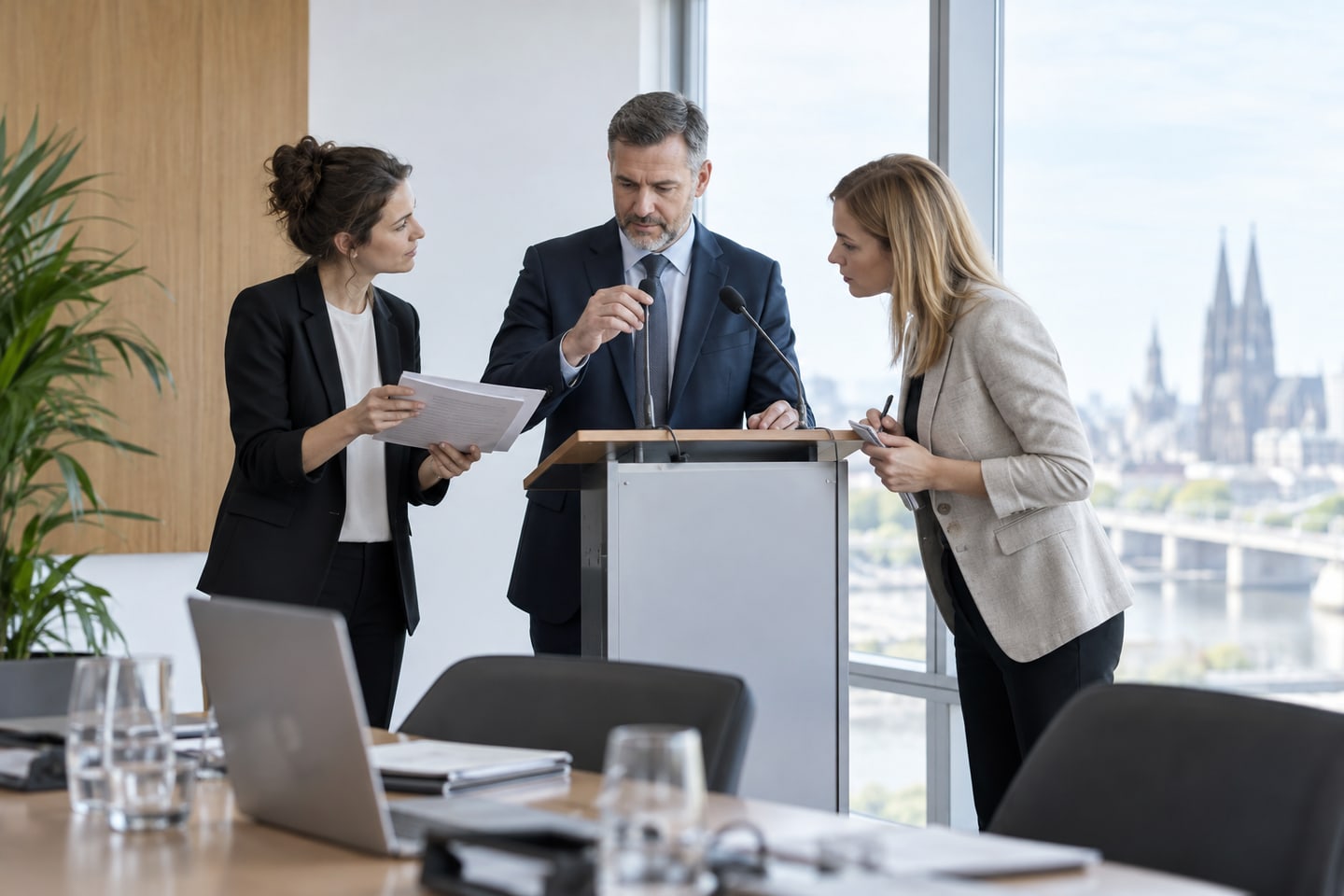 PR-Beraterinnen bereiten eine Pressekonferenz mit einem Unternehmenssprecher vor PR-Beraterinnen bereiten eine Pressekonferenz mit einem Unternehmenssprecher vor