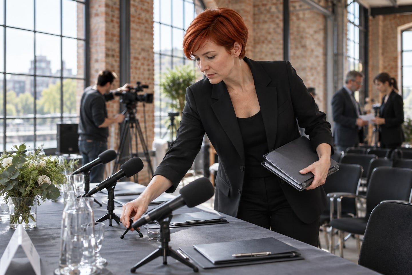 PR-Fachkraft bereitet Mikrofone und Unterlagen für eine Presseveranstaltung vor PR-Fachkraft bereitet Mikrofone und Unterlagen für eine Presseveranstaltung vor