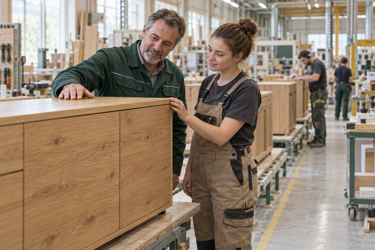 Produktionsleiter und Mitarbeiterin prüfen ein Möbelstück in einer modernen Werkhalle Produktionsleiter und Mitarbeiterin prüfen ein Möbelstück in einer modernen Werkhalle