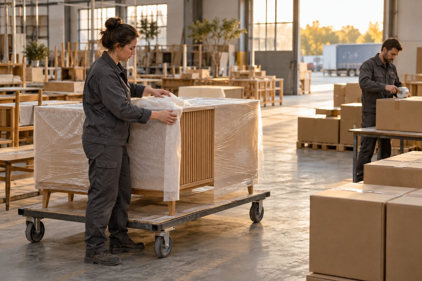 Mitarbeiterin kontrolliert verpackte Möbel im Versandbereich eines Produktionsbetriebs Mitarbeiterin kontrolliert verpackte Möbel im Versandbereich eines Produktionsbetriebs