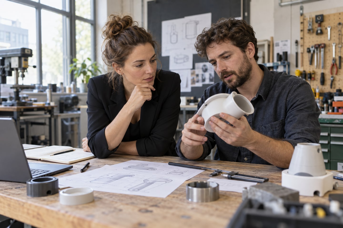 Produktmanagerin prüft einen Produktprototyp gemeinsam mit einem Entwicklungsingenieur Produktmanagerin prüft einen Produktprototyp gemeinsam mit einem Entwicklungsingenieur