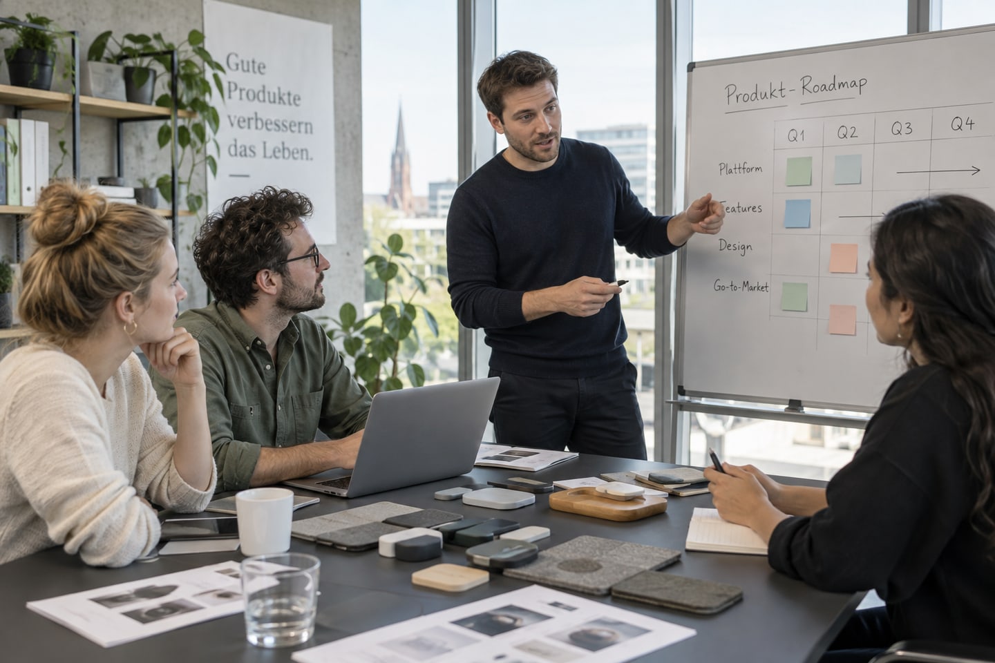 Produktmanager bespricht eine Produktplanung mit einem Team und Mustern Produktmanager bespricht eine Produktplanung mit einem Team und Mustern