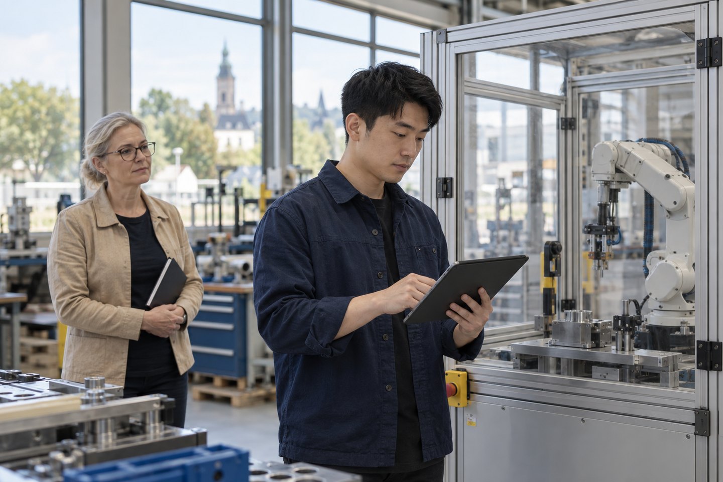 Softwareentwickler prüft eine industrielle Anwendung an einer gesicherten Roboteranlage Softwareentwickler prüft eine industrielle Anwendung an einer gesicherten Roboteranlage