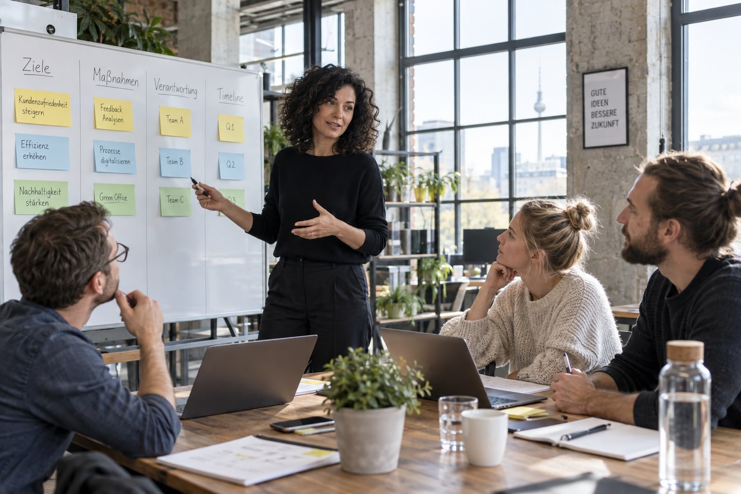 Projektleiter moderiert eine Planung mit einem Team im Industriebüro Projektleiter moderiert eine Planung mit einem Team im Industriebüro