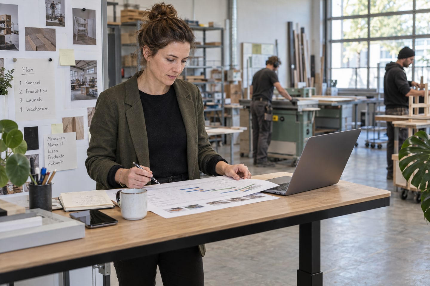 Projektleiterin prüft Meilensteine an einem Arbeitsplatz nahe der Produktion Projektleiterin prüft Meilensteine an einem Arbeitsplatz nahe der Produktion
