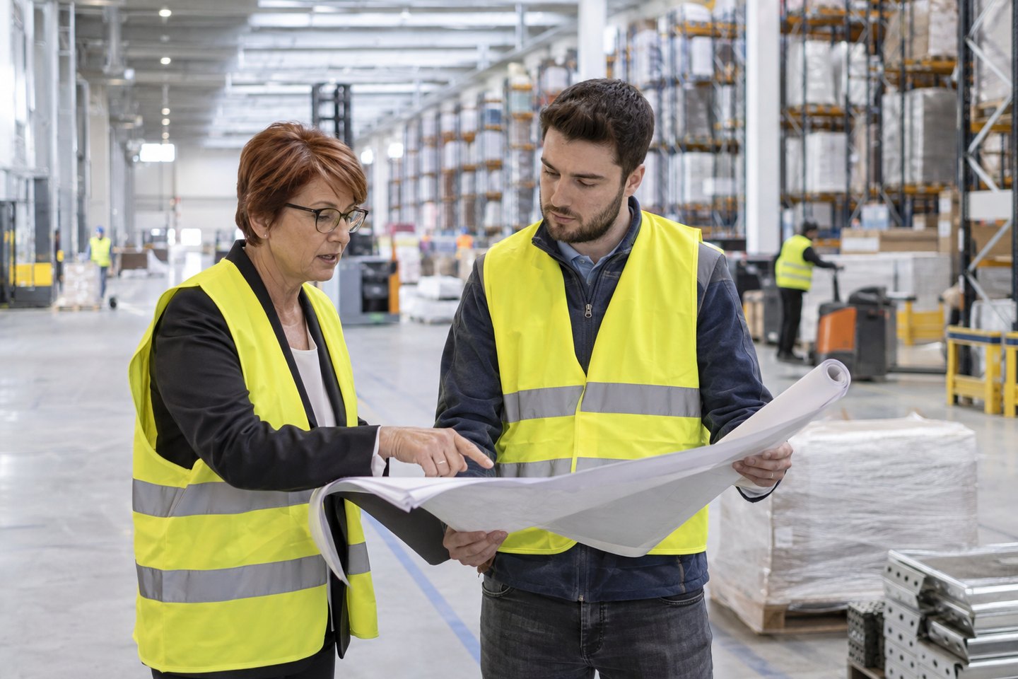 Projektmanagerin koordiniert mit einem Verantwortlichen die Modernisierung eines Warenlagers Projektmanagerin koordiniert mit einem Verantwortlichen die Modernisierung eines Warenlagers