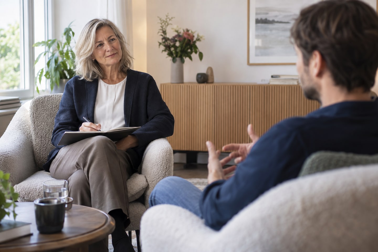Psychotherapeutin hört einem erwachsenen Patienten im Gespräch aufmerksam zu Psychotherapeutin hört einem erwachsenen Patienten im Gespräch aufmerksam zu