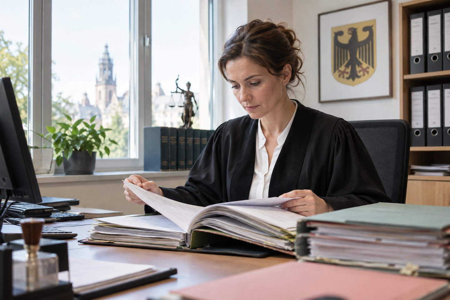 Rechtspflegerin prüft eine Grundbuchakte Rechtspflegerin prüft eine Grundbuchakte