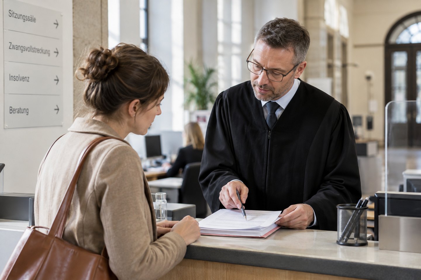Rechtspfleger erläutert ein Verfahrensdokument am gerichtlichen Serviceplatz Rechtspfleger erläutert ein Verfahrensdokument am gerichtlichen Serviceplatz