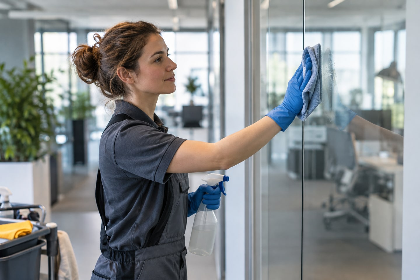 Reinigungskraft mit Schutzhandschuhen reinigt eine Glastrennwand in einem Büro Reinigungskraft mit Schutzhandschuhen reinigt eine Glastrennwand in einem Büro
