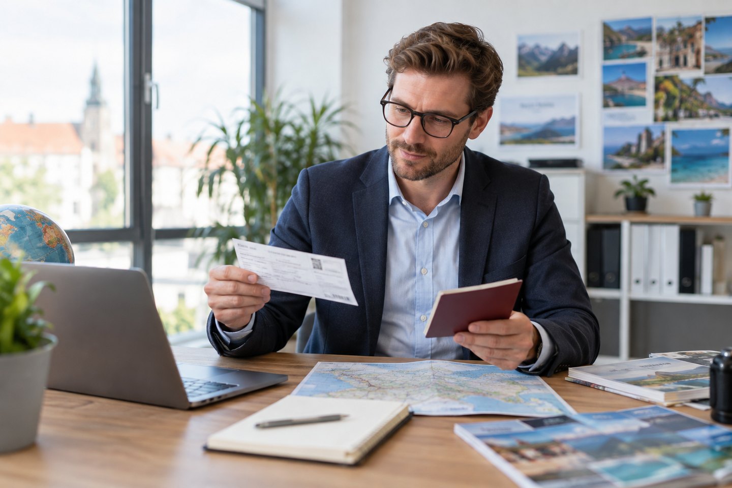 Reiseberater kontrolliert Reisedaten und Buchungsunterlagen Reiseberater kontrolliert Reisedaten und Buchungsunterlagen