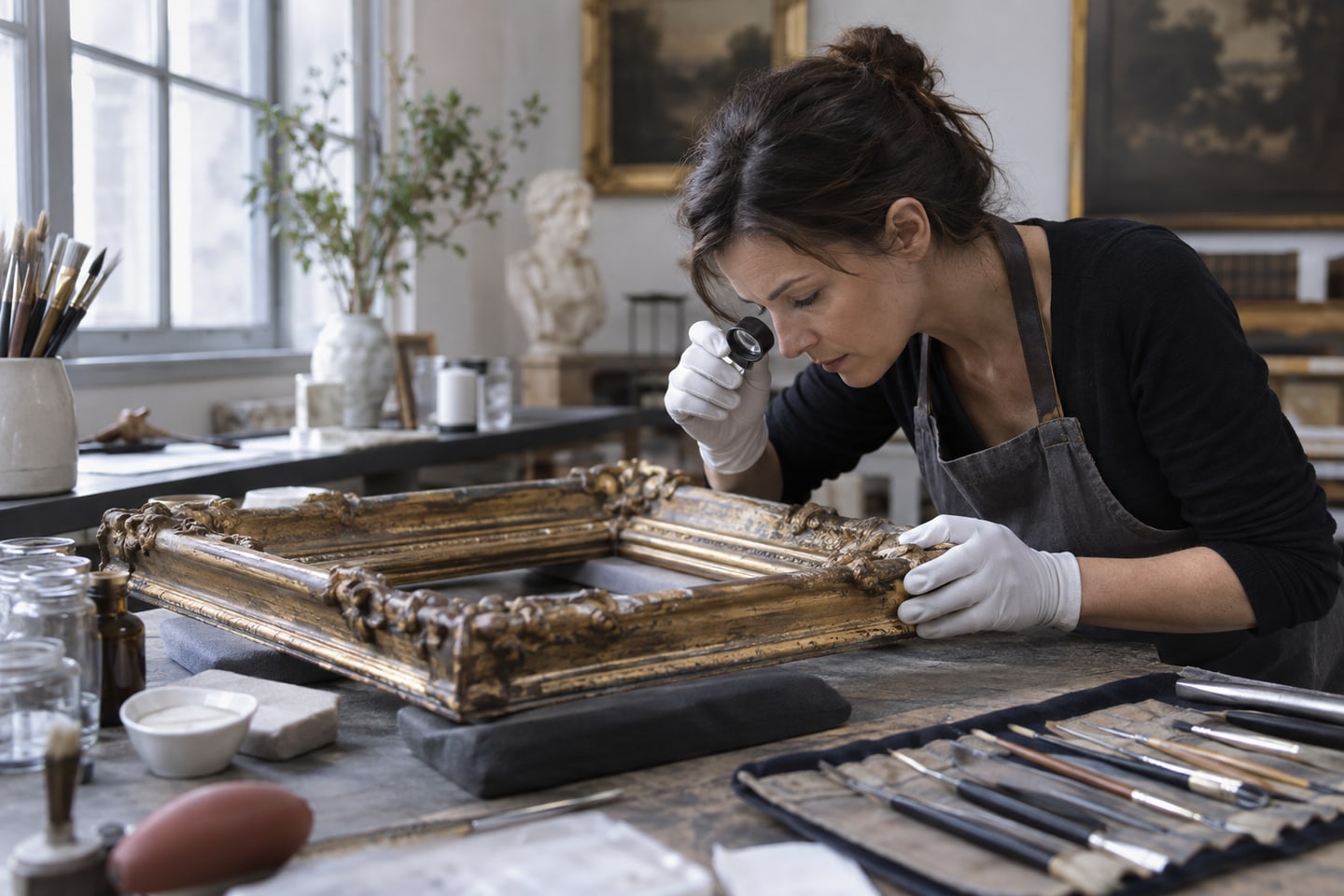 Restauratorin untersucht einen historischen vergoldeten Rahmen an einem Werkstatttisch Restauratorin untersucht einen historischen vergoldeten Rahmen an einem Werkstatttisch