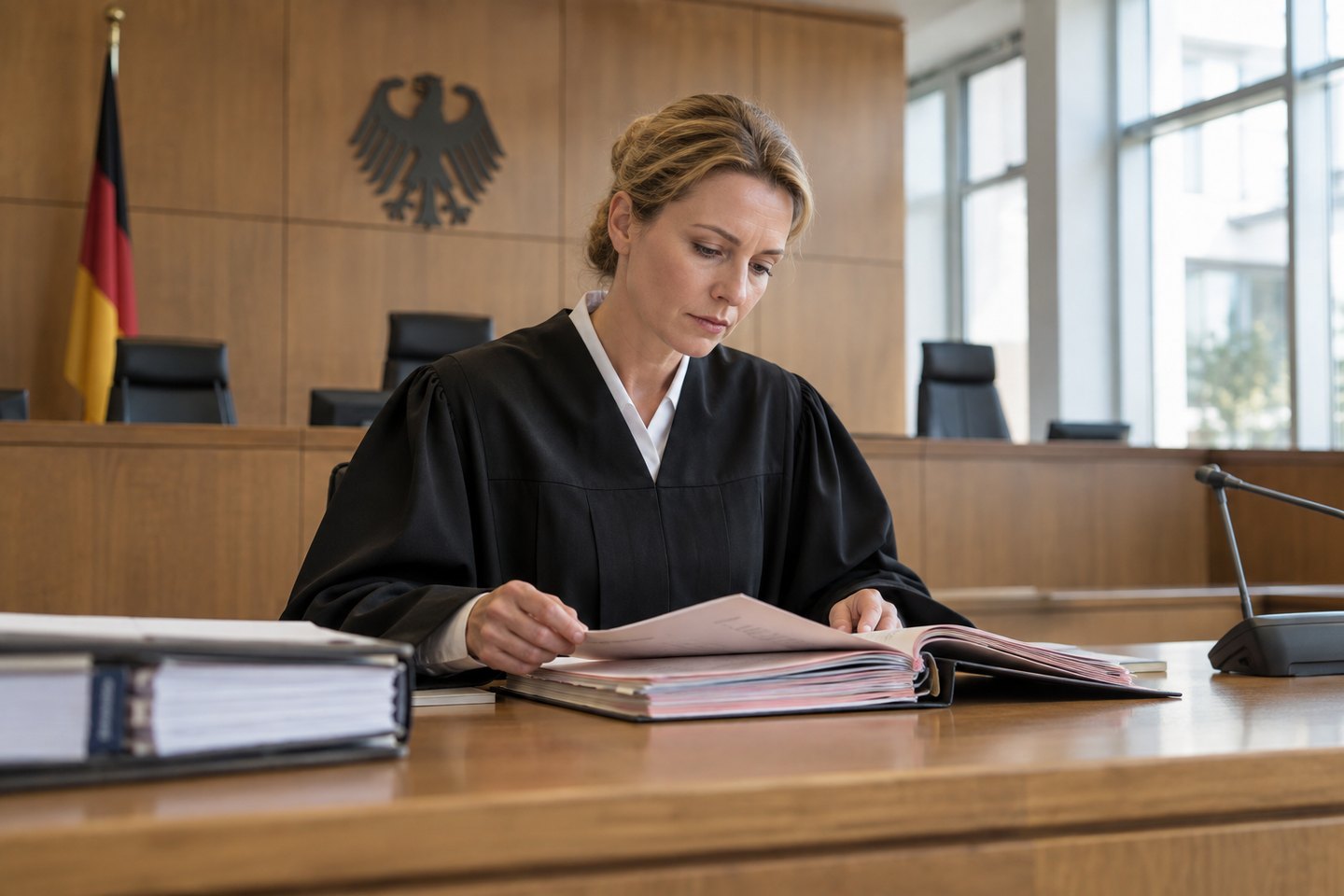 Richterin prüft eine Verfahrensakte im Gerichtssaal Richterin prüft eine Verfahrensakte im Gerichtssaal