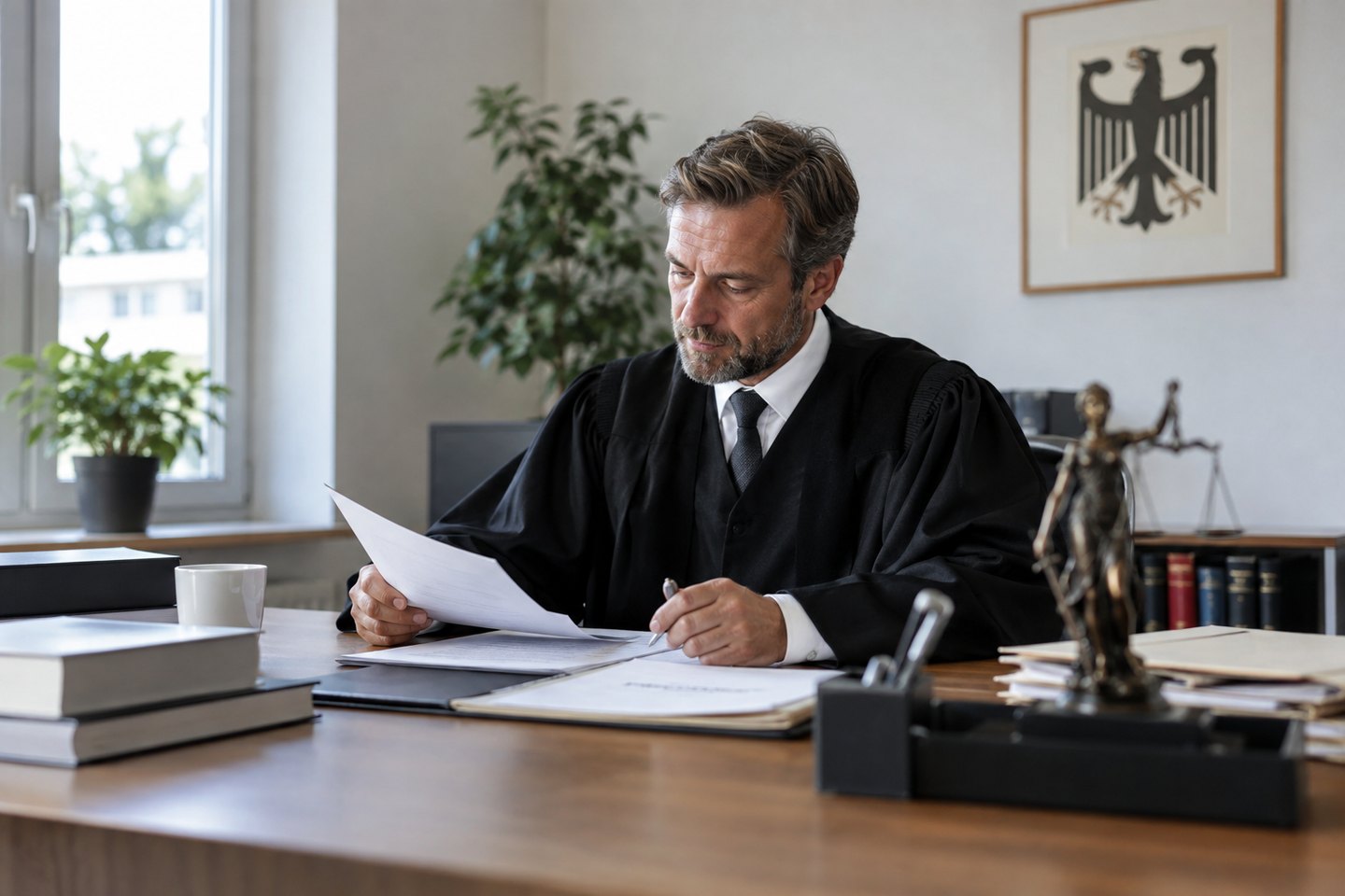 Richter bereitet eine Verhandlung anhand von Akten und Notizen vor Richter bereitet eine Verhandlung anhand von Akten und Notizen vor