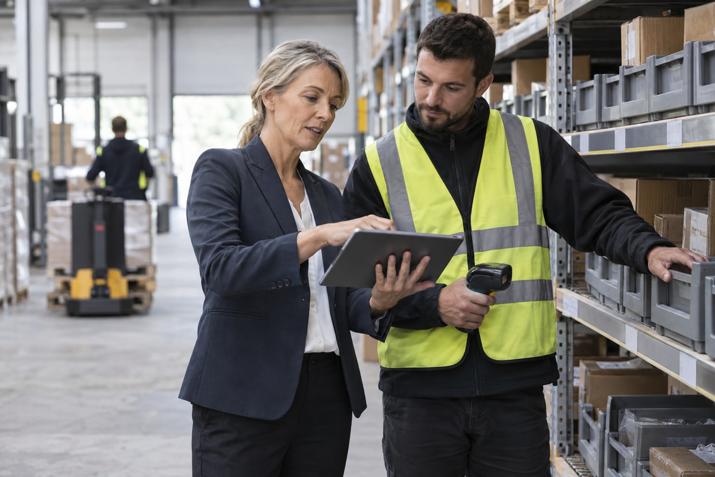 SAP-Beraterin bespricht Lagerprozesse mit einem Logistikverantwortlichen SAP-Beraterin bespricht Lagerprozesse mit einem Logistikverantwortlichen