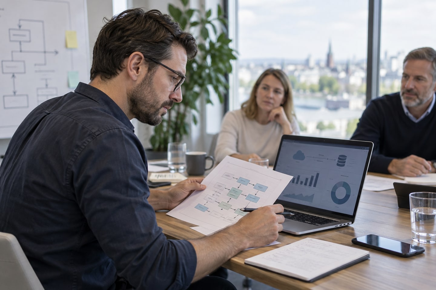 SAP-Berater prüft einen Migrationsplan und Datenübersichten am Besprechungstisch SAP-Berater prüft einen Migrationsplan und Datenübersichten am Besprechungstisch