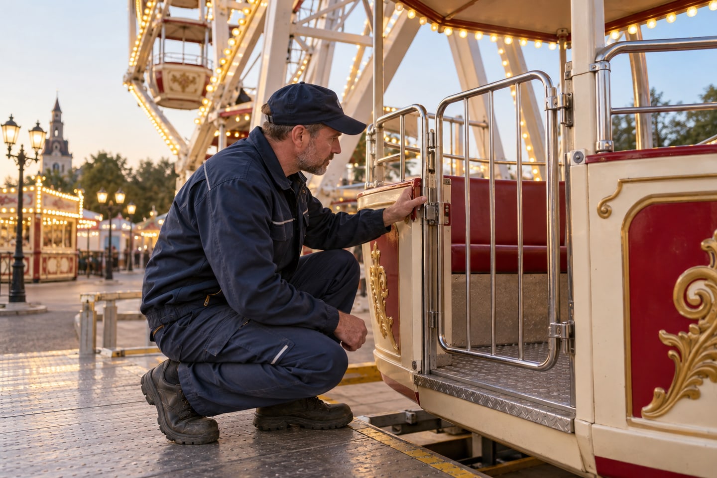 Techniker kontrolliert vor Betriebsbeginn den Zugang zu einer stillstehenden Gondel Techniker kontrolliert vor Betriebsbeginn den Zugang zu einer stillstehenden Gondel