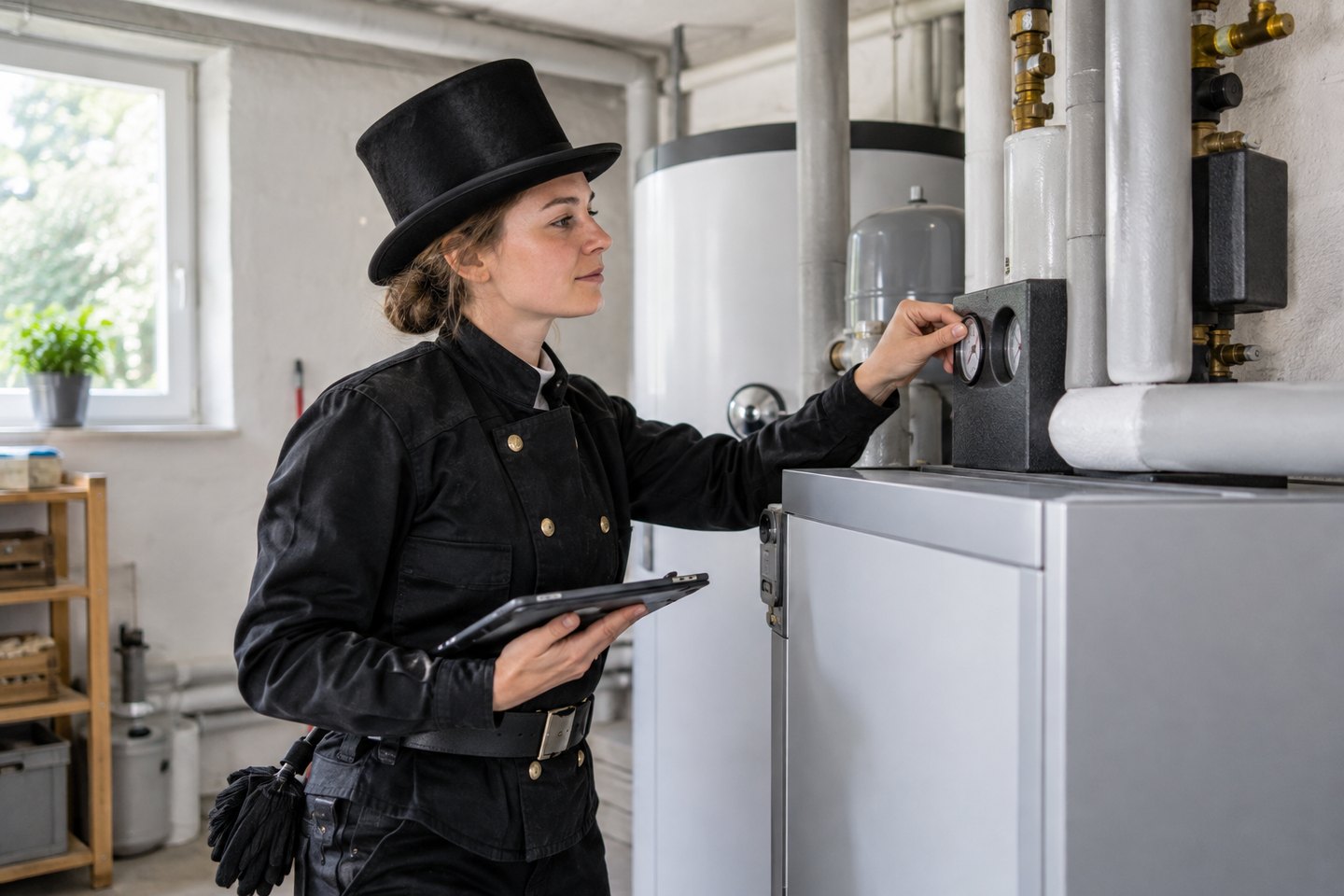 Schornsteinfegerin überprüft eine Heizungsanlage Schornsteinfegerin überprüft eine Heizungsanlage