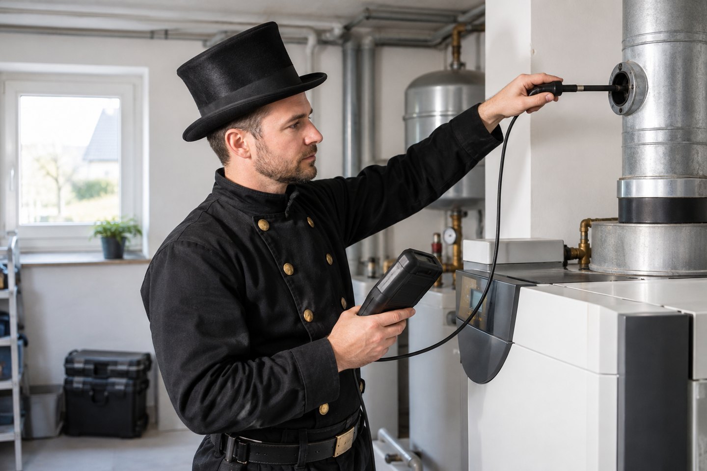 Schornsteinfeger misst Abgaswerte an einer Heizungsanlage Schornsteinfeger misst Abgaswerte an einer Heizungsanlage