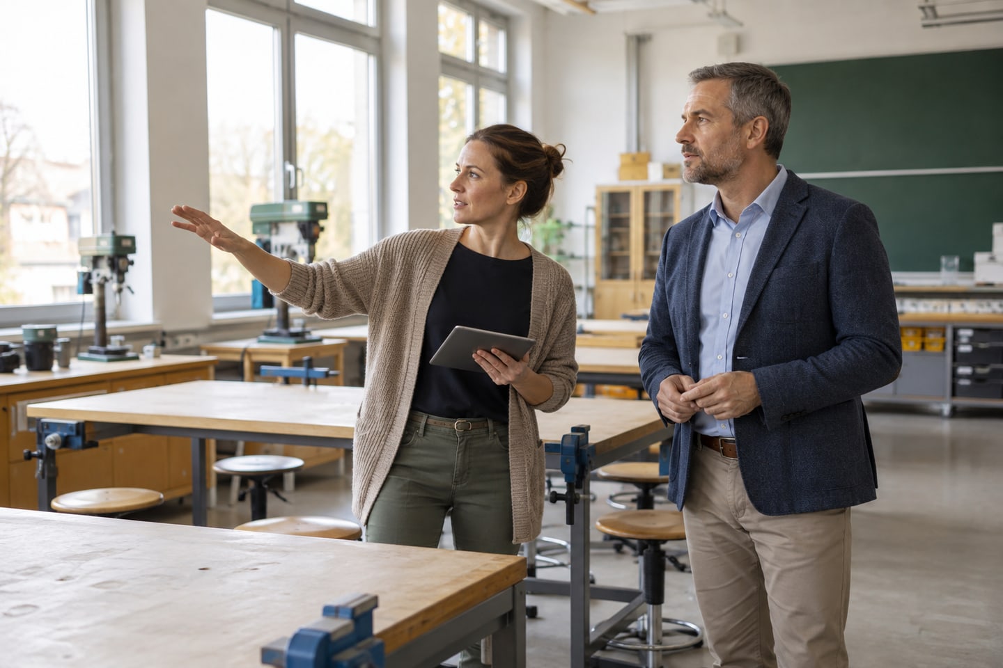Lehrkraft und Schulverwaltung prüfen die Ausstattung eines praktischen Unterrichtsraums Lehrkraft und Schulverwaltung prüfen die Ausstattung eines praktischen Unterrichtsraums