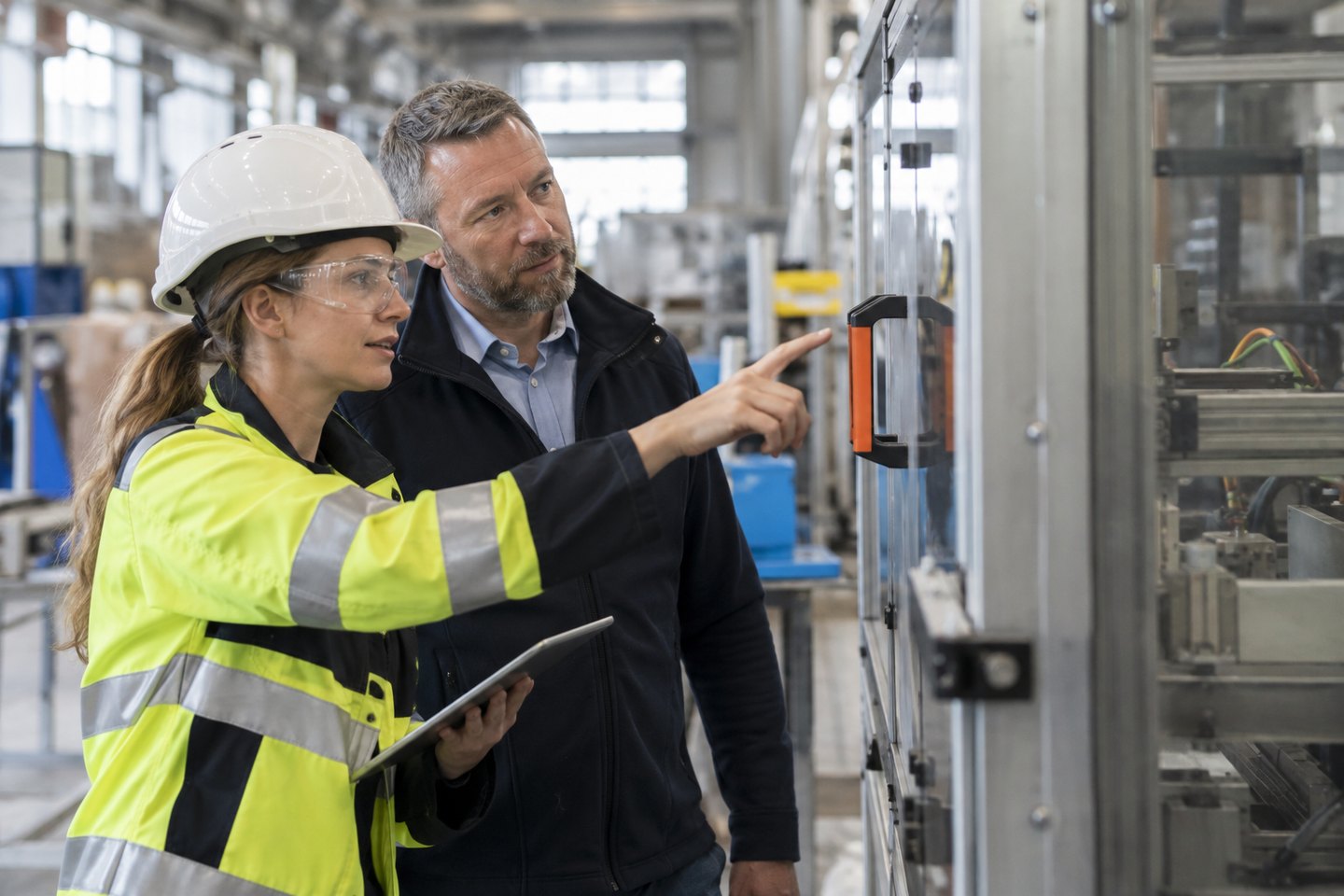 Fachkraft für Arbeitssicherheit überprüft eine Maschinensicherung Fachkraft für Arbeitssicherheit überprüft eine Maschinensicherung