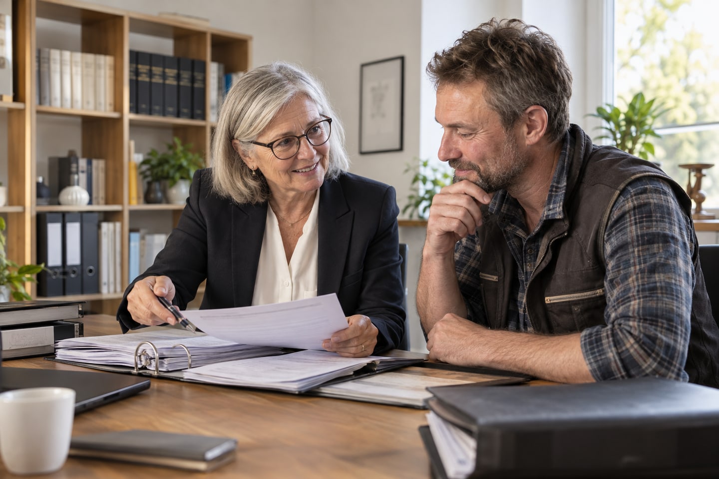 Erfahrene Steuerbevollmächtigte bespricht Unterlagen mit einem selbstständigen Handwerker