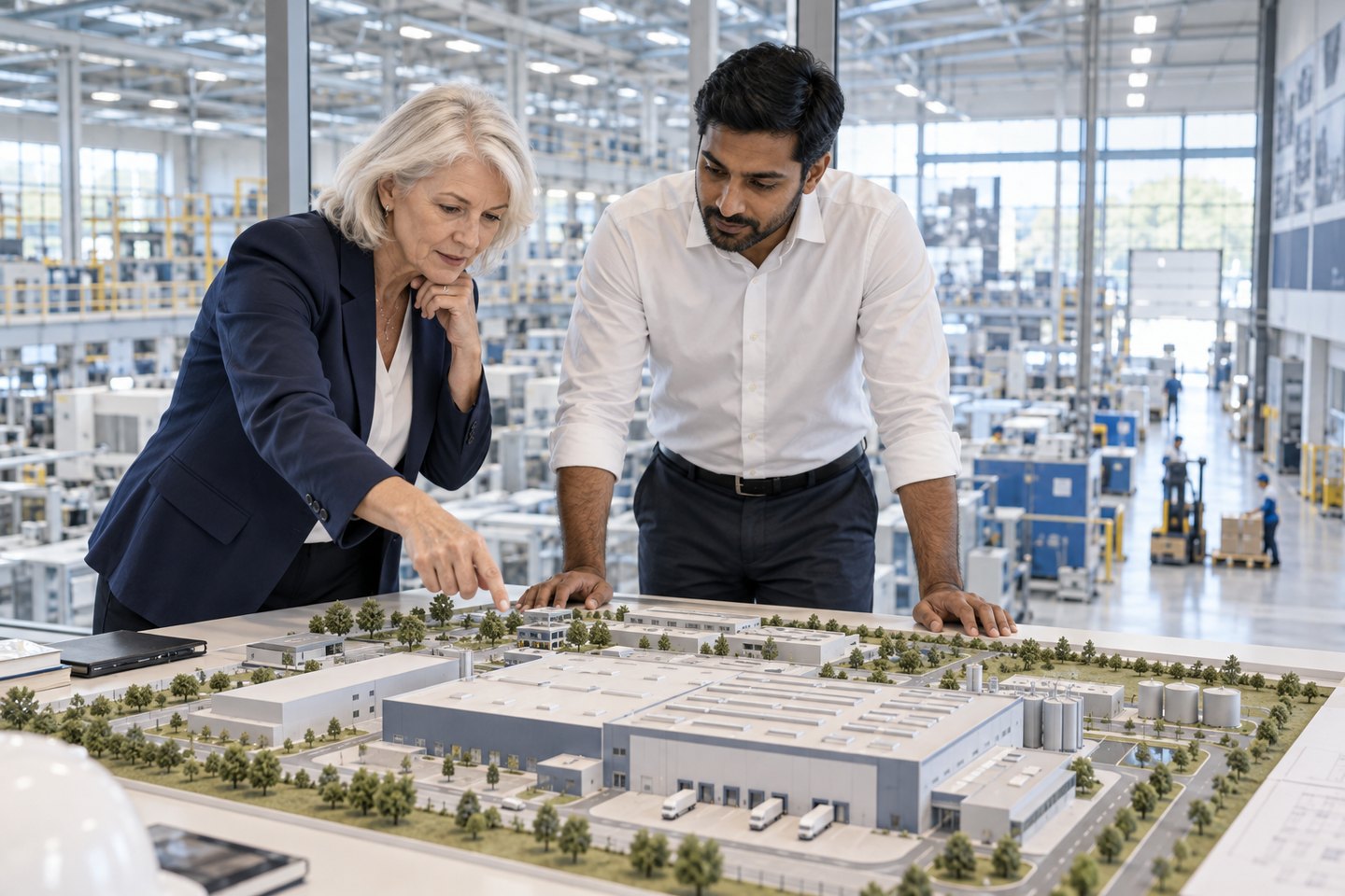 Strategieberaterin und Unternehmer prüfen ein Modell für eine geplante Investition Strategieberaterin und Unternehmer prüfen ein Modell für eine geplante Investition