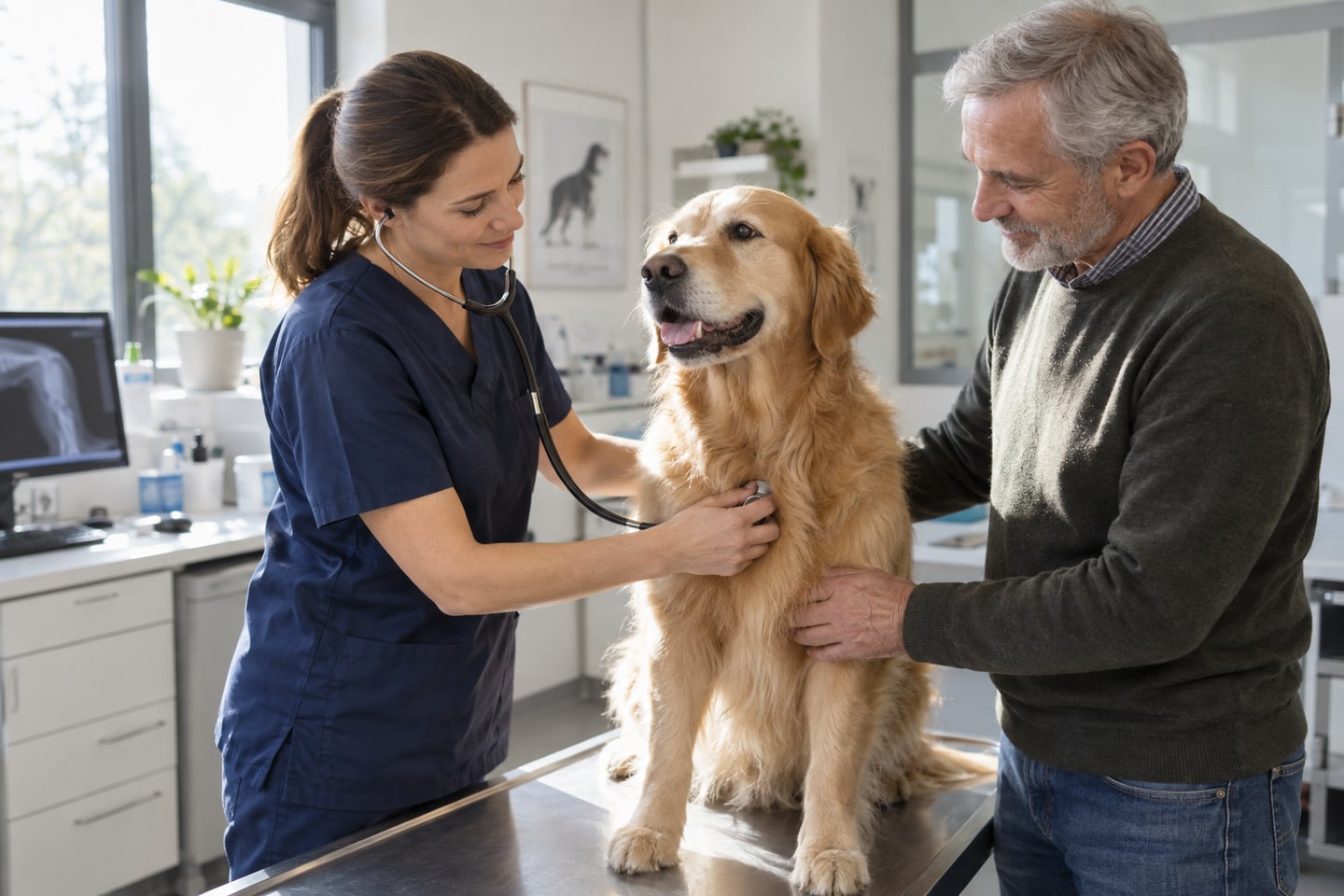 Tierärztin untersucht einen ruhigen Hund gemeinsam mit dessen Halter Tierärztin untersucht einen ruhigen Hund gemeinsam mit dessen Halter