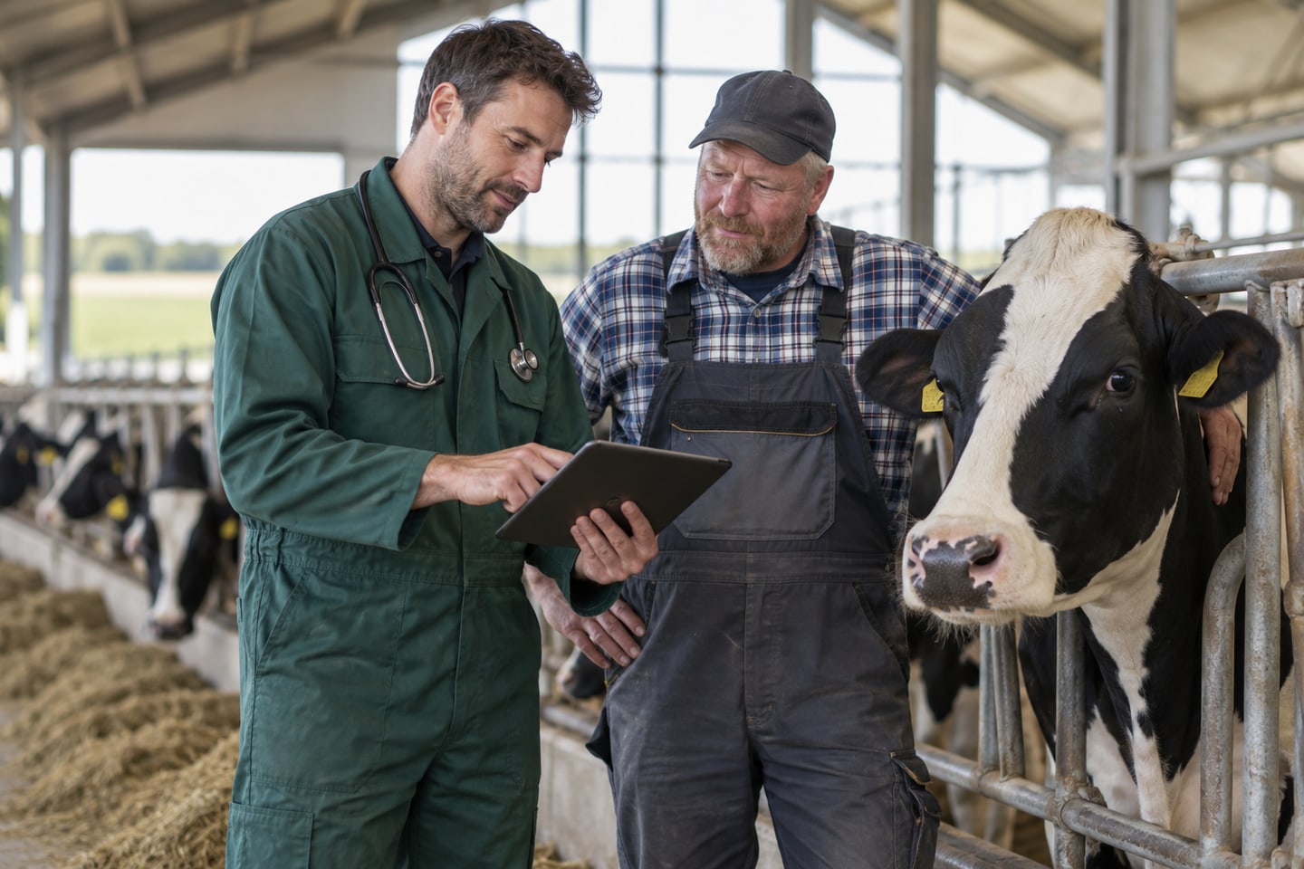 Tierarzt und Landwirt besprechen die Betreuung eines Rindes im Stall Tierarzt und Landwirt besprechen die Betreuung eines Rindes im Stall