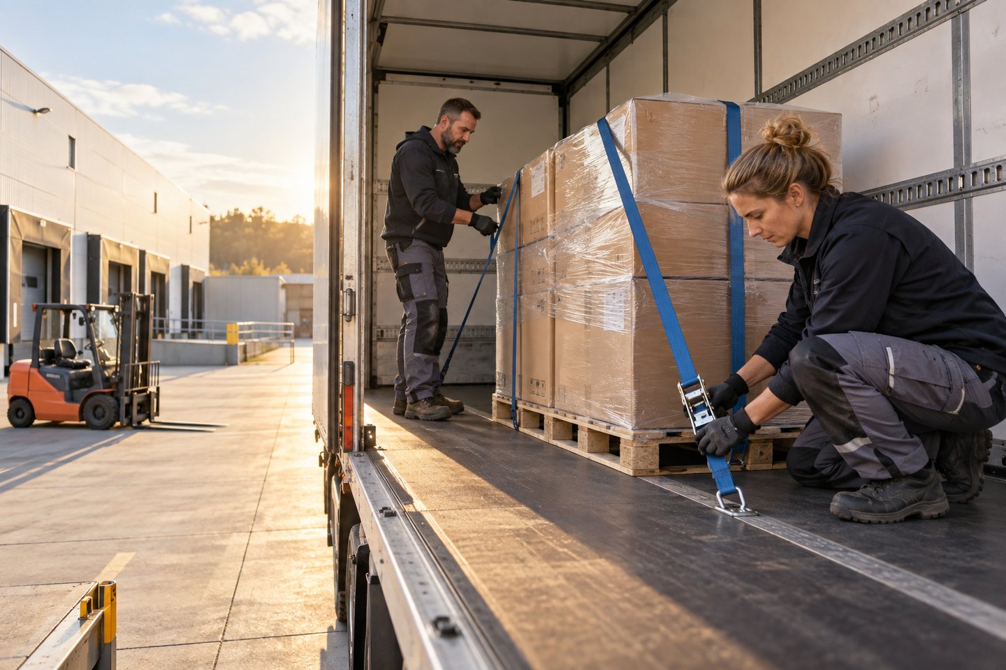 Mitarbeiter bereiten Waren für die Verladung und den Transport vor Mitarbeiter bereiten Waren für die Verladung und den Transport vor
