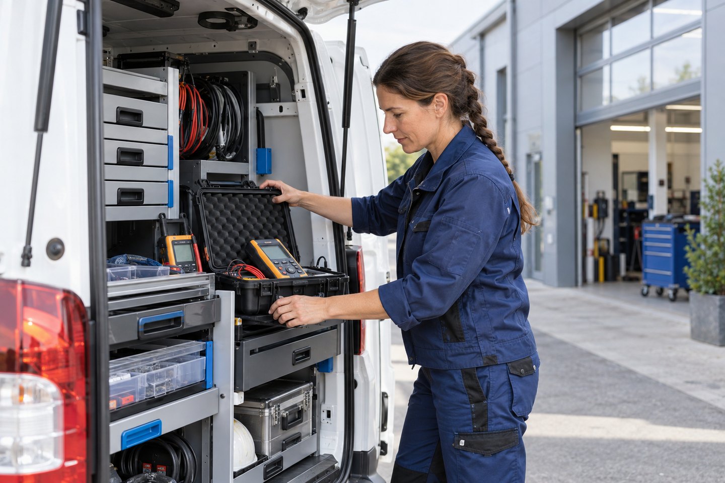 Elektrikerin verstaut Messgeräte und Werkzeuge im Servicefahrzeug Elektrikerin verstaut Messgeräte und Werkzeuge im Servicefahrzeug