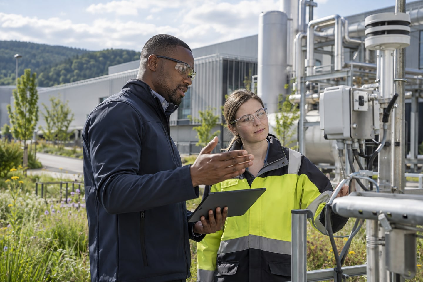 Externer Umweltschutzbeauftragter bespricht Messeinrichtungen mit einer Produktionsingenieurin Externer Umweltschutzbeauftragter bespricht Messeinrichtungen mit einer Produktionsingenieurin