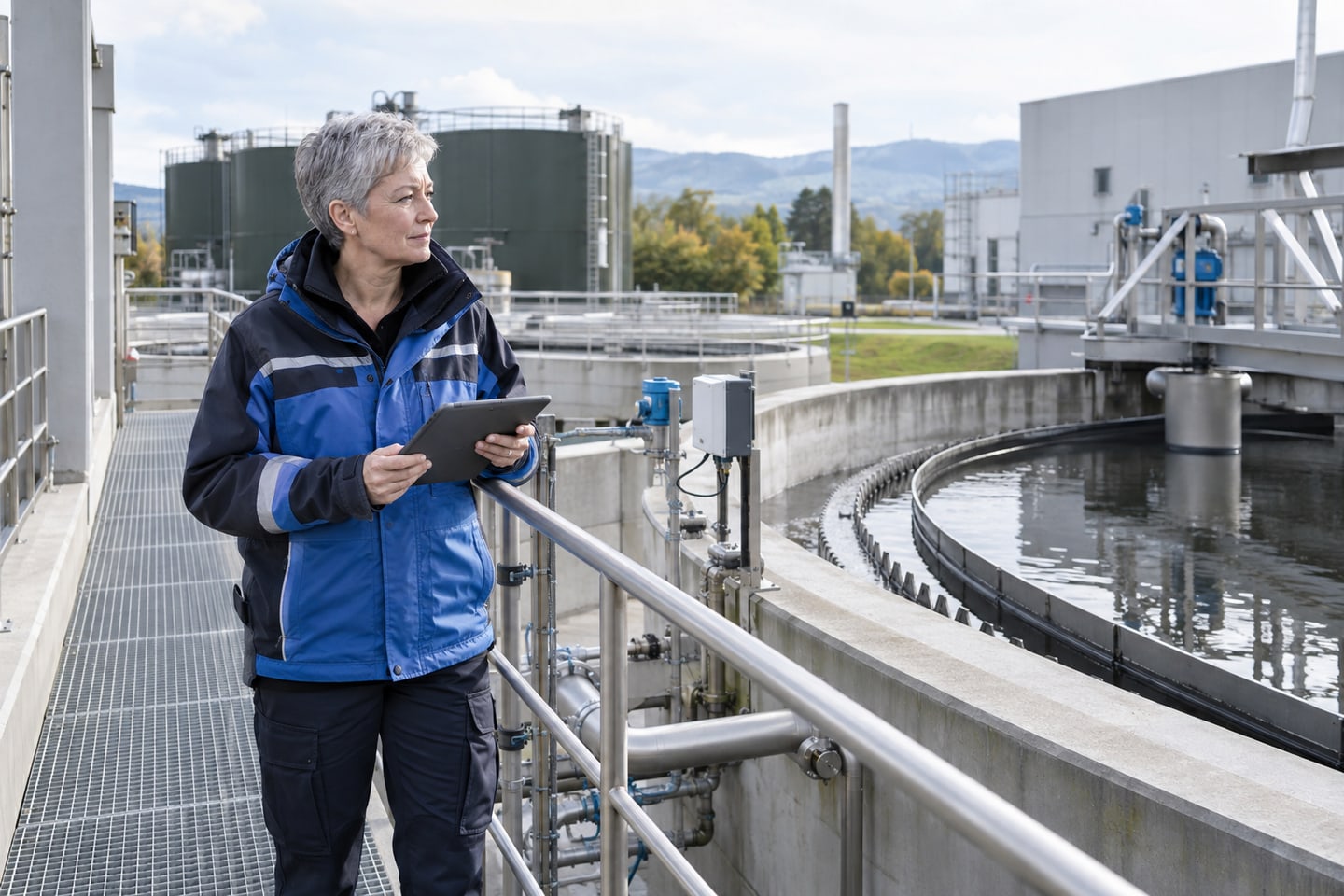 Umweltschutzbeauftragter kontrolliert eine betriebliche Wasseraufbereitungsanlage von einem sicheren Laufsteg aus Umweltschutzbeauftragter kontrolliert eine betriebliche Wasseraufbereitungsanlage von einem sicheren Laufsteg aus