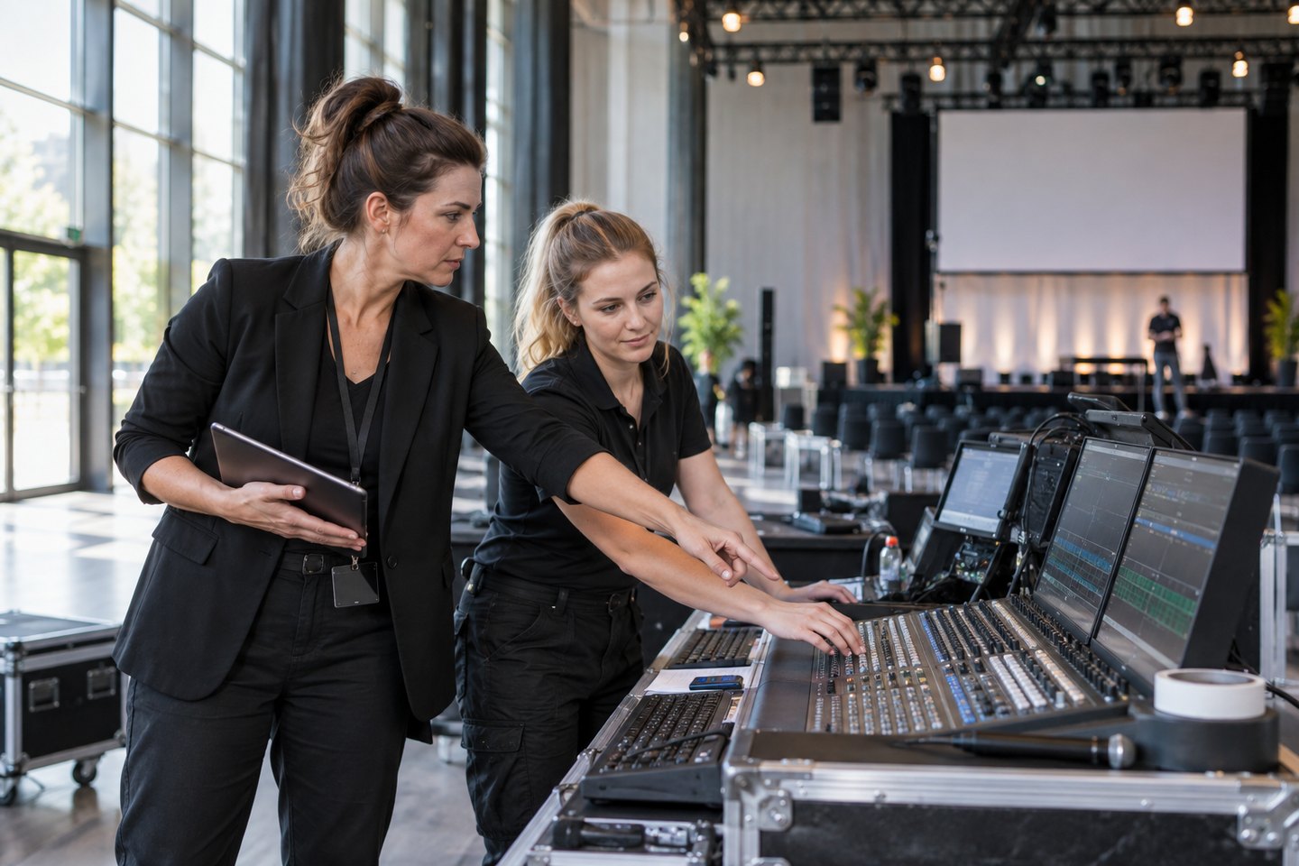 Produktionsleitung und Techniker prüfen das Steuerpult vor Veranstaltungsbeginn Produktionsleitung und Techniker prüfen das Steuerpult vor Veranstaltungsbeginn