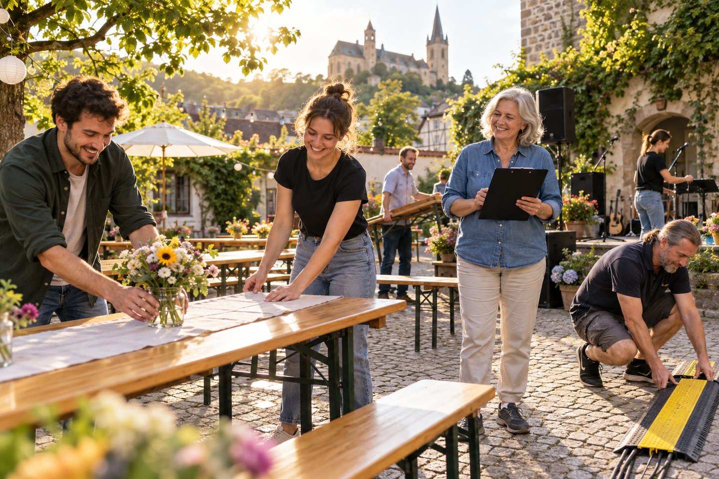 Ehrenamtliche Helfer bereiten gemeinsam eine Vereinsveranstaltung vor Ehrenamtliche Helfer bereiten gemeinsam eine Vereinsveranstaltung vor