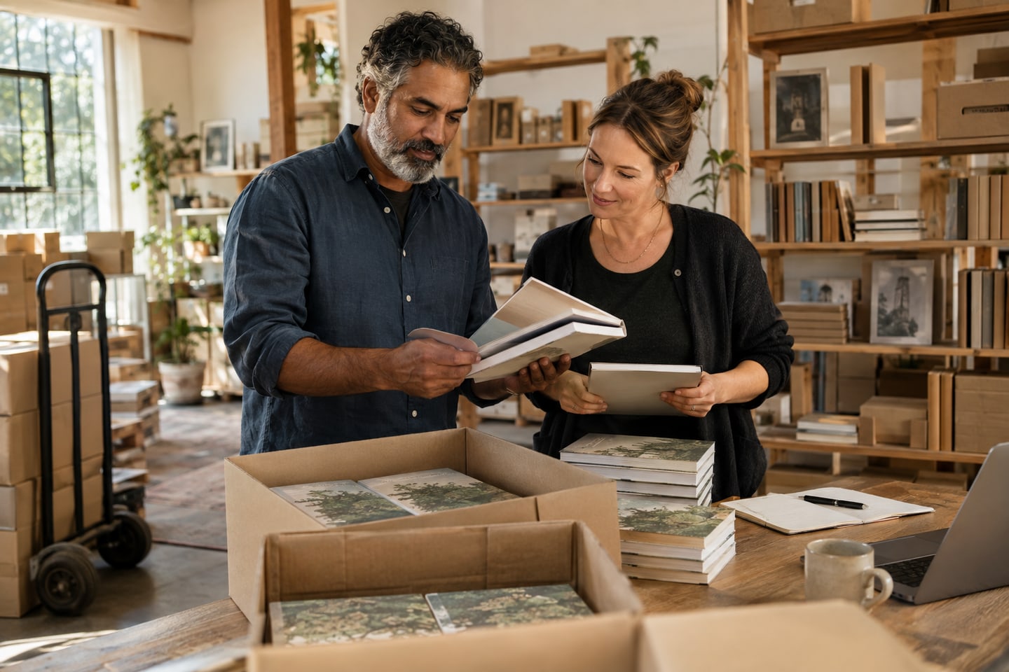 Verleger und Produktionsleiterin prüfen neue Bücher im Verlagslager Verleger und Produktionsleiterin prüfen neue Bücher im Verlagslager