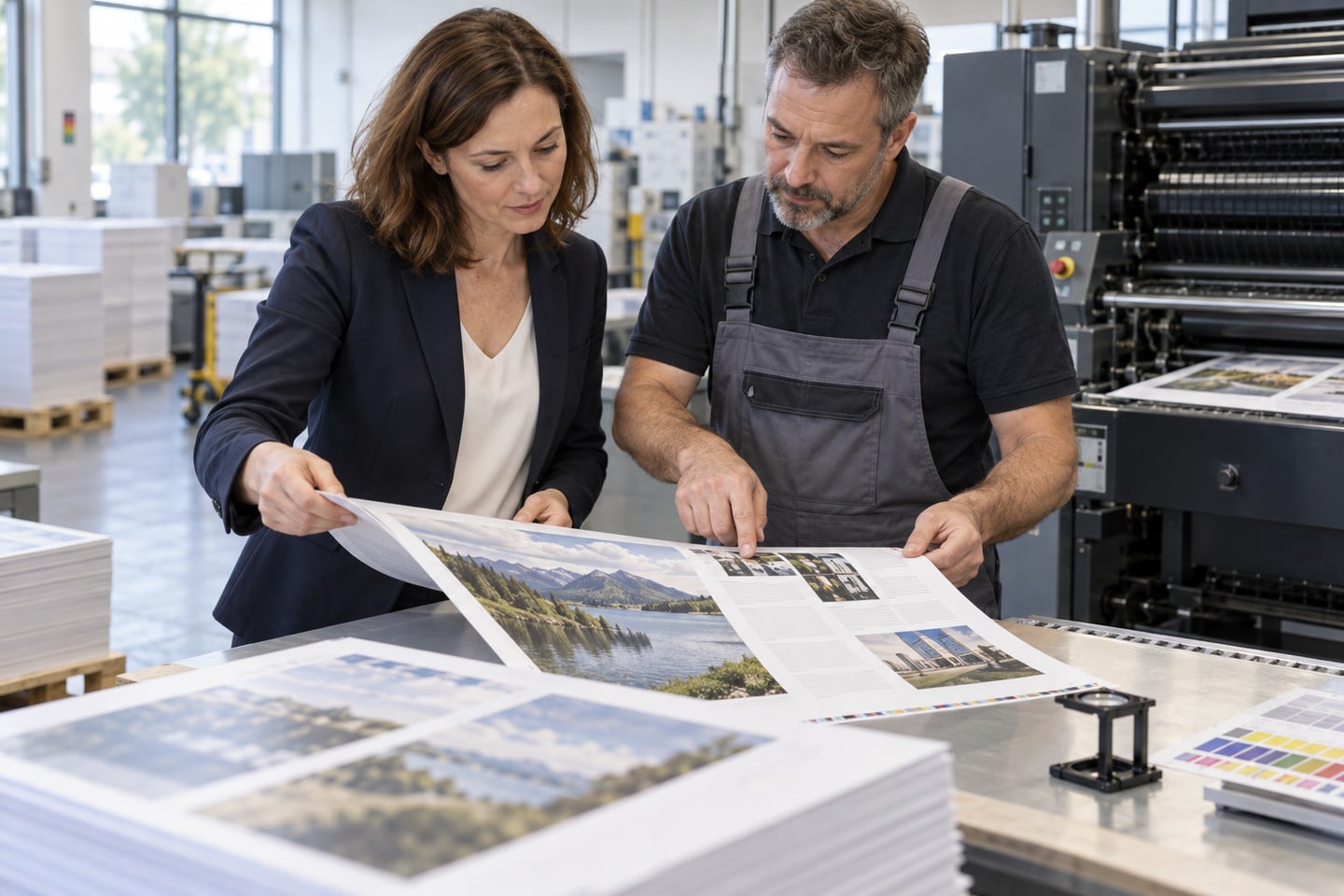 Verlegerin kontrolliert einen Buchabzug gemeinsam mit einem Drucktechniker Verlegerin kontrolliert einen Buchabzug gemeinsam mit einem Drucktechniker