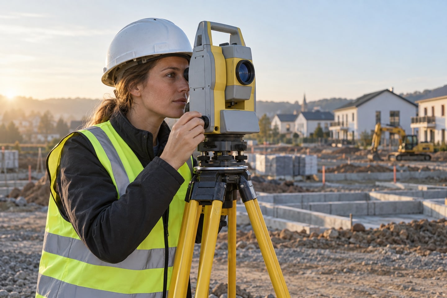 Vermessungsingenieurin arbeitet mit einem Messgerät auf einer übersichtlichen Baustelle