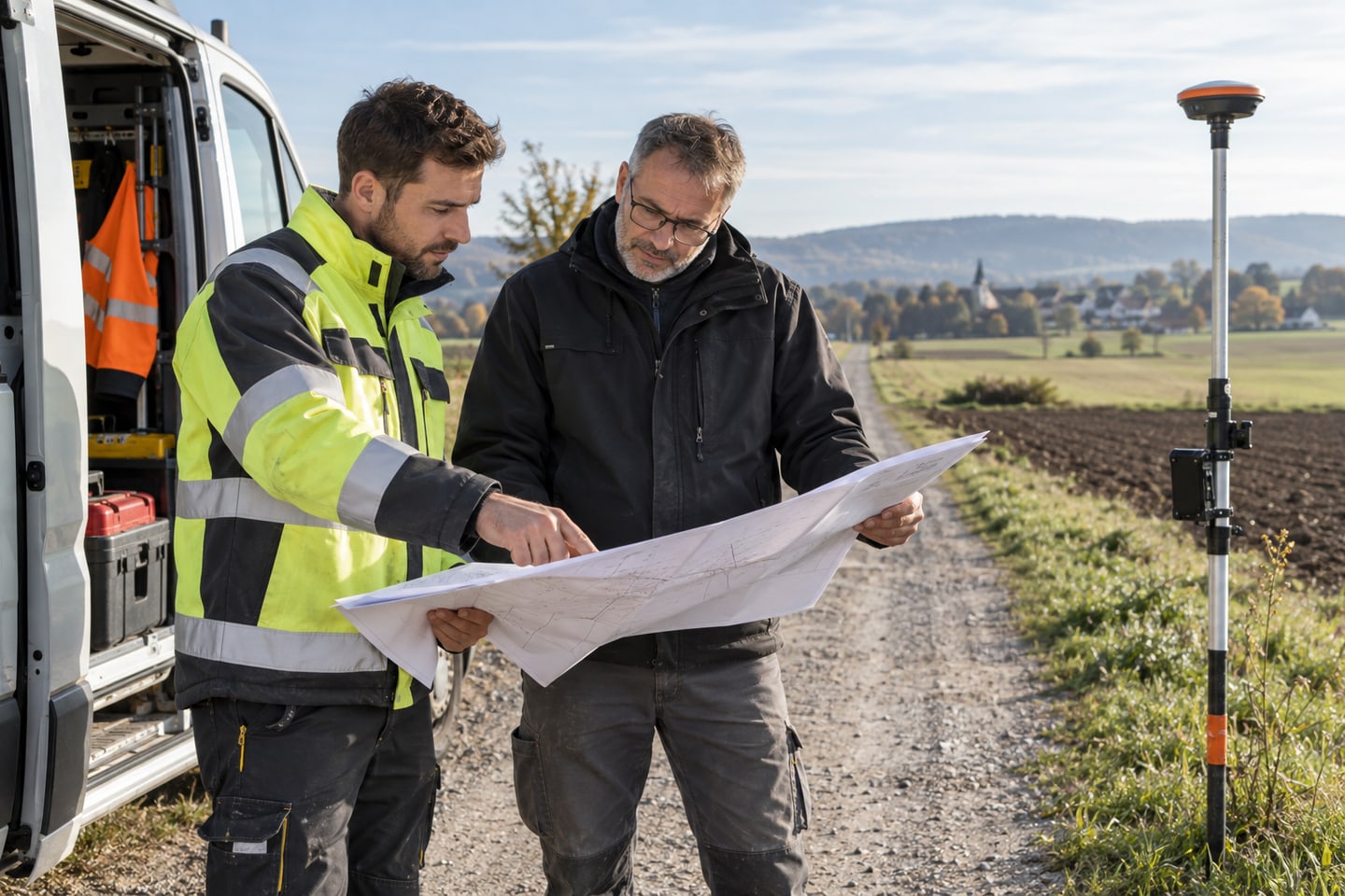 Vermessungsingenieur und Kollege prüfen einen Lageplan neben einem Messfahrzeug im Gelände