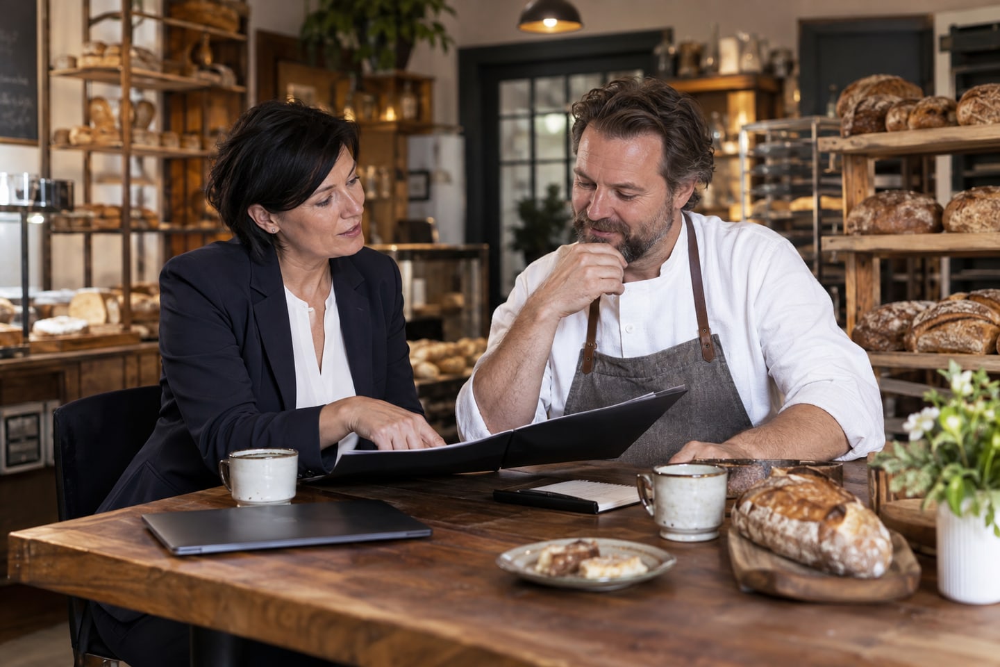 Versicherungsvertreterin bespricht Unterlagen mit einem Bäckereiinhaber in seinem Betrieb Versicherungsvertreterin bespricht Unterlagen mit einem Bäckereiinhaber in seinem Betrieb