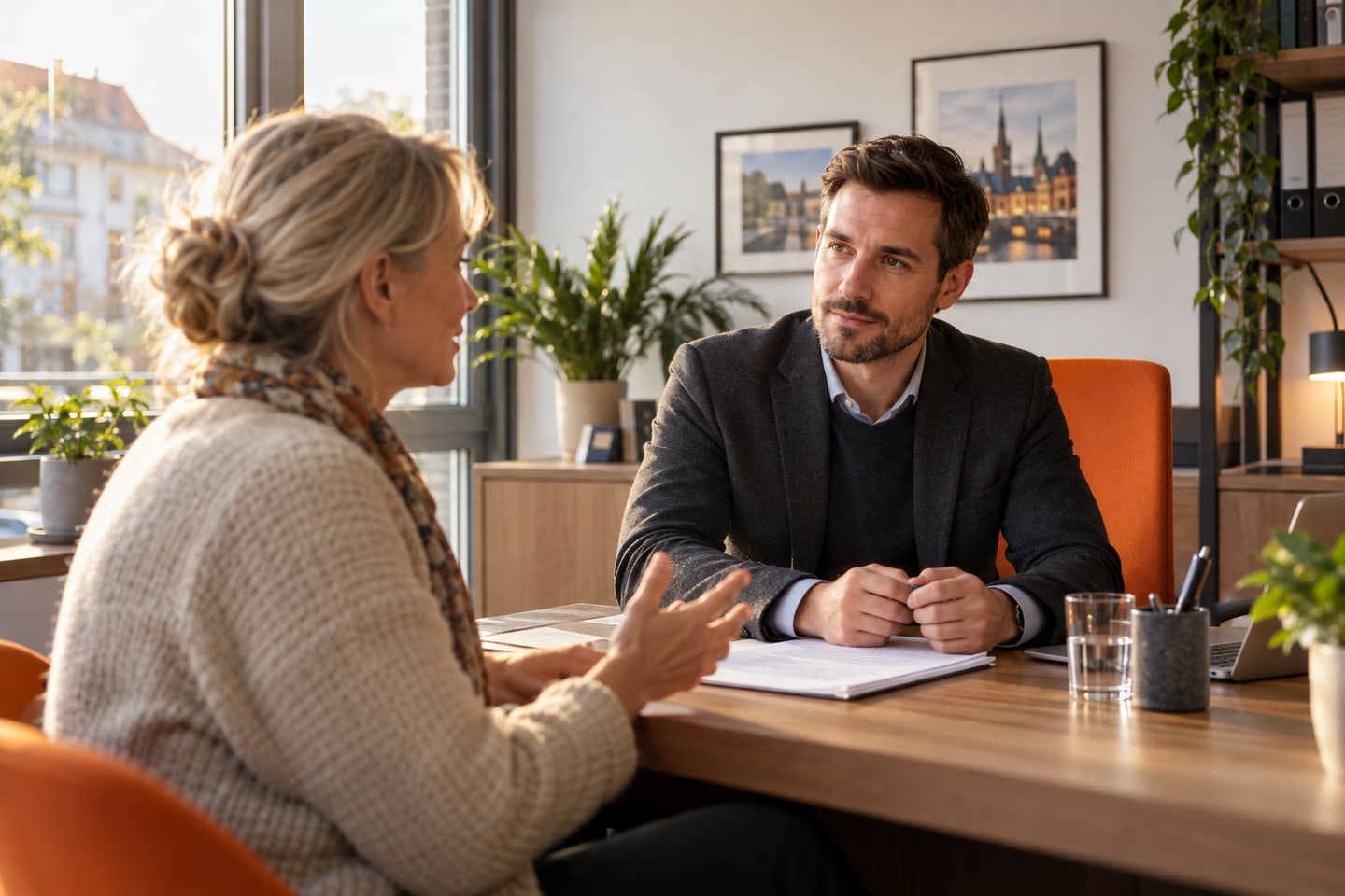 Versicherungsvertreter hört einer Kundin in einer freundlichen lokalen Agentur zu Versicherungsvertreter hört einer Kundin in einer freundlichen lokalen Agentur zu