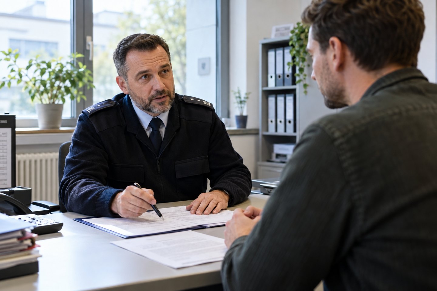 Vollziehungsbeamter bespricht eine Zahlungsangelegenheit am Behördenschreibtisch Vollziehungsbeamter bespricht eine Zahlungsangelegenheit am Behördenschreibtisch