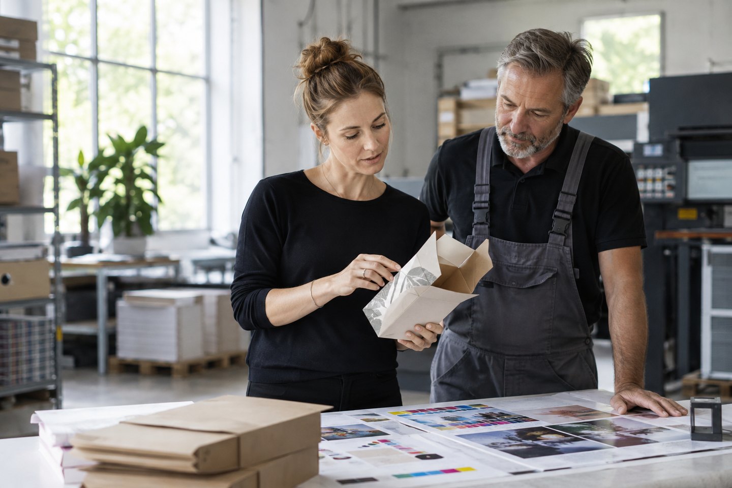 Kreativdirektorin einer Werbeagentur bespricht einen Verpackungsproof mit der Produktion Kreativdirektorin einer Werbeagentur bespricht einen Verpackungsproof mit der Produktion