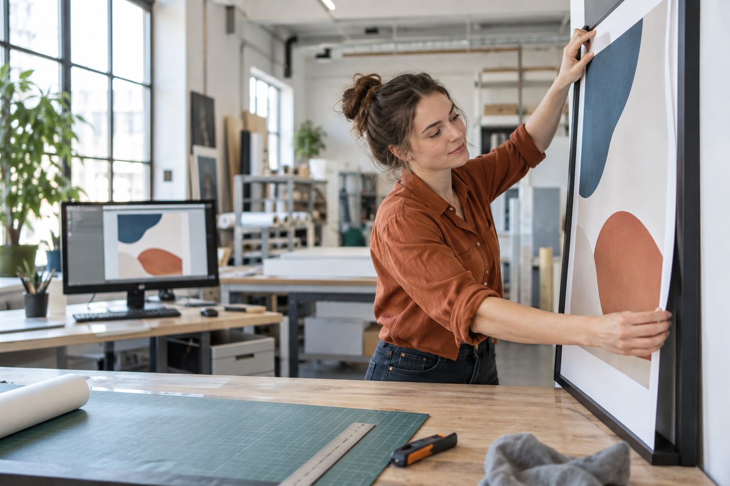 Werbegrafikerin setzt einen gestalteten Werbeplakatdruck in einen Präsentationsrahmen ein Werbegrafikerin setzt einen gestalteten Werbeplakatdruck in einen Präsentationsrahmen ein