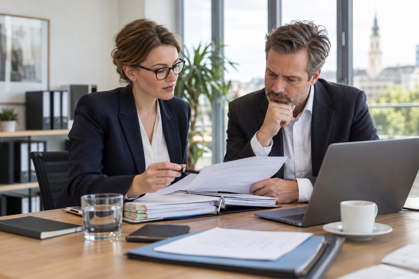 Wirtschaftsprüferin bespricht Prüfungsunterlagen mit einem Finanzverantwortlichen Wirtschaftsprüferin bespricht Prüfungsunterlagen mit einem Finanzverantwortlichen