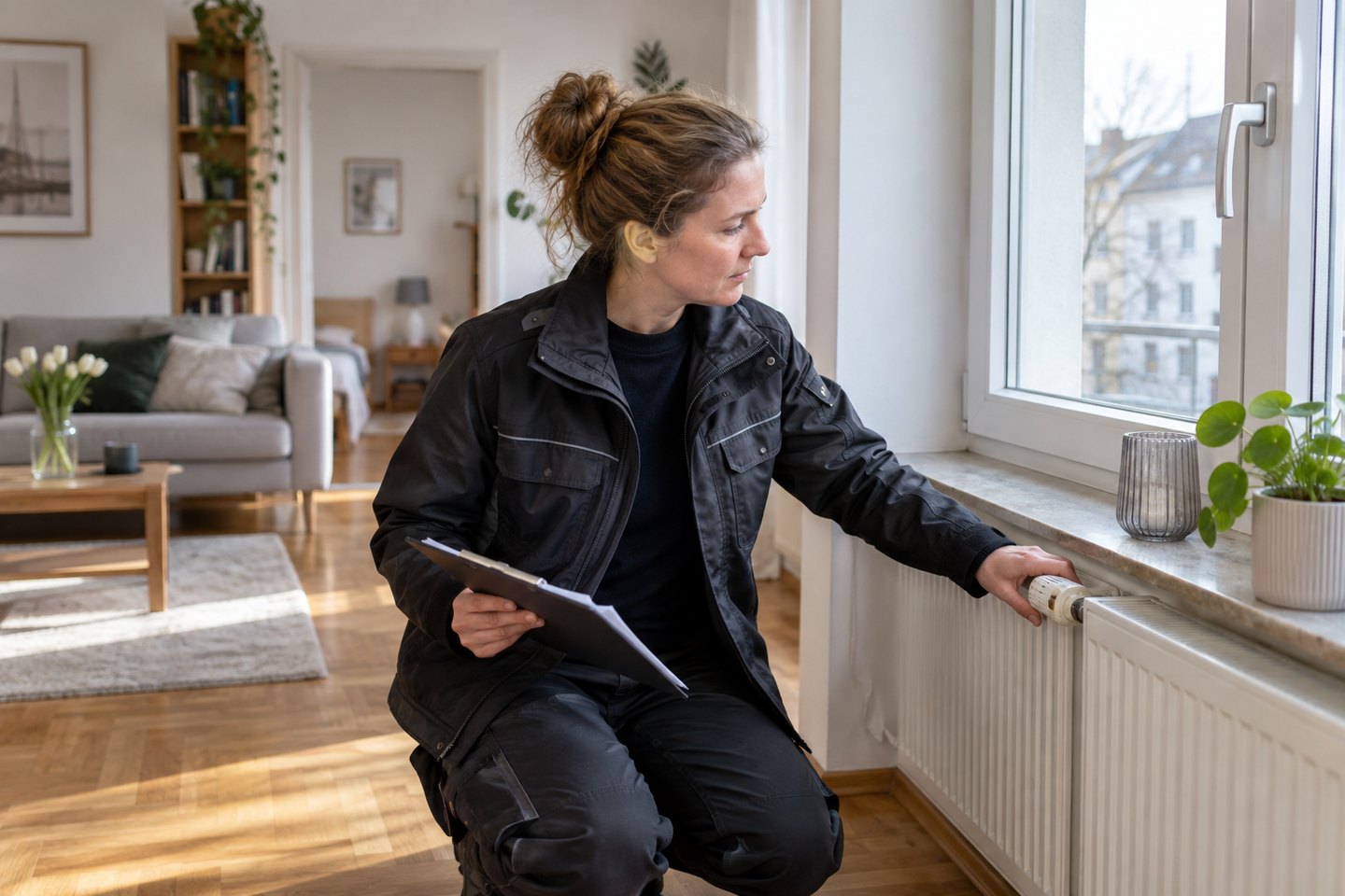Wohnungsbetreuerin kontrolliert die Heizung einer unbewohnten Wohnung Wohnungsbetreuerin kontrolliert die Heizung einer unbewohnten Wohnung