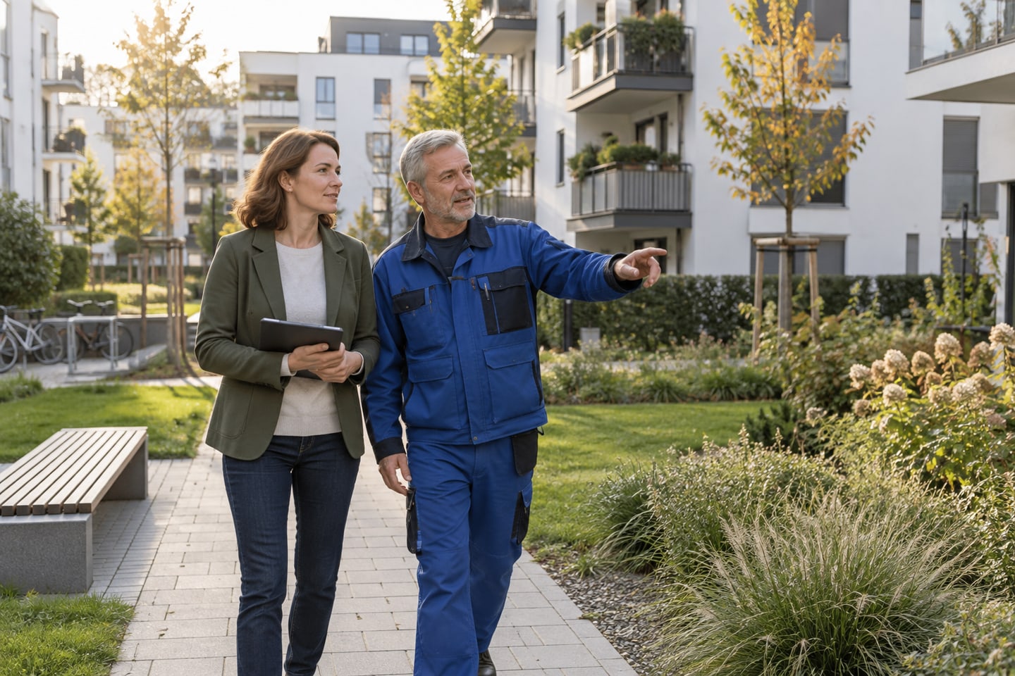Immobilienverantwortliche und Hausmeister besprechen den Zustand einer Wohnanlage Immobilienverantwortliche und Hausmeister besprechen den Zustand einer Wohnanlage