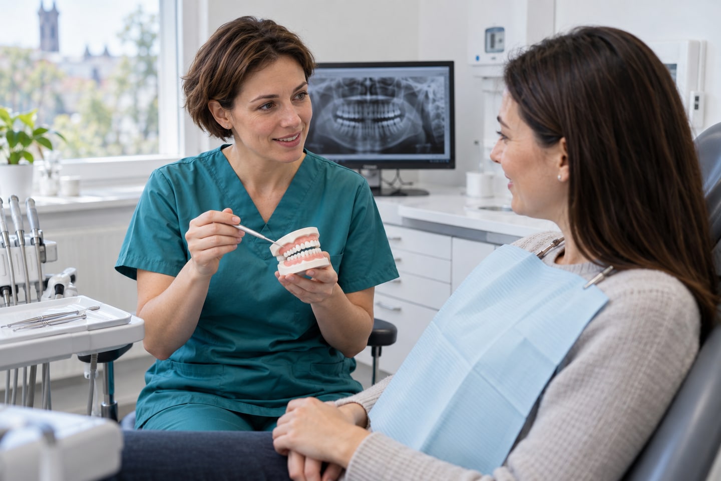 Zahnärztin erläutert einem Patienten einen Befund anhand eines Zahnmodells Zahnärztin erläutert einem Patienten einen Befund anhand eines Zahnmodells