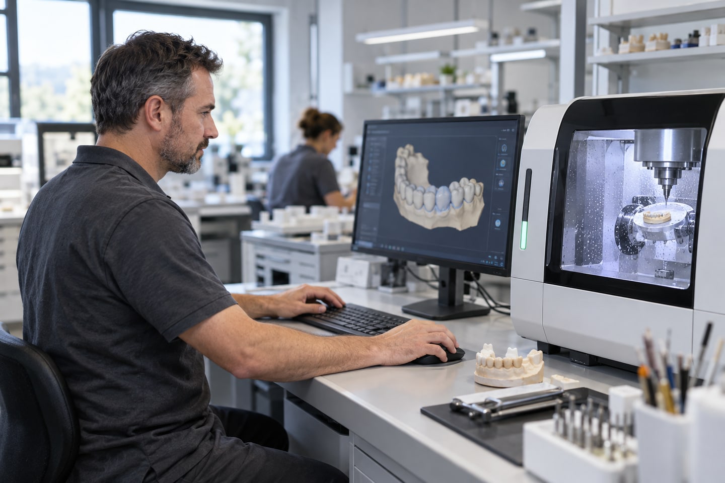 Zahntechniker arbeitet an einer CAD-CAM-Station neben einer geschlossenen Dentalfräsmaschine Zahntechniker arbeitet an einer CAD-CAM-Station neben einer geschlossenen Dentalfräsmaschine